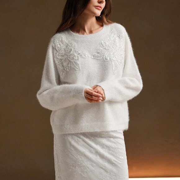 White Casual Women's Elegant Sequin Floral Round Neck Loose Sweater - Picture 7 of 8